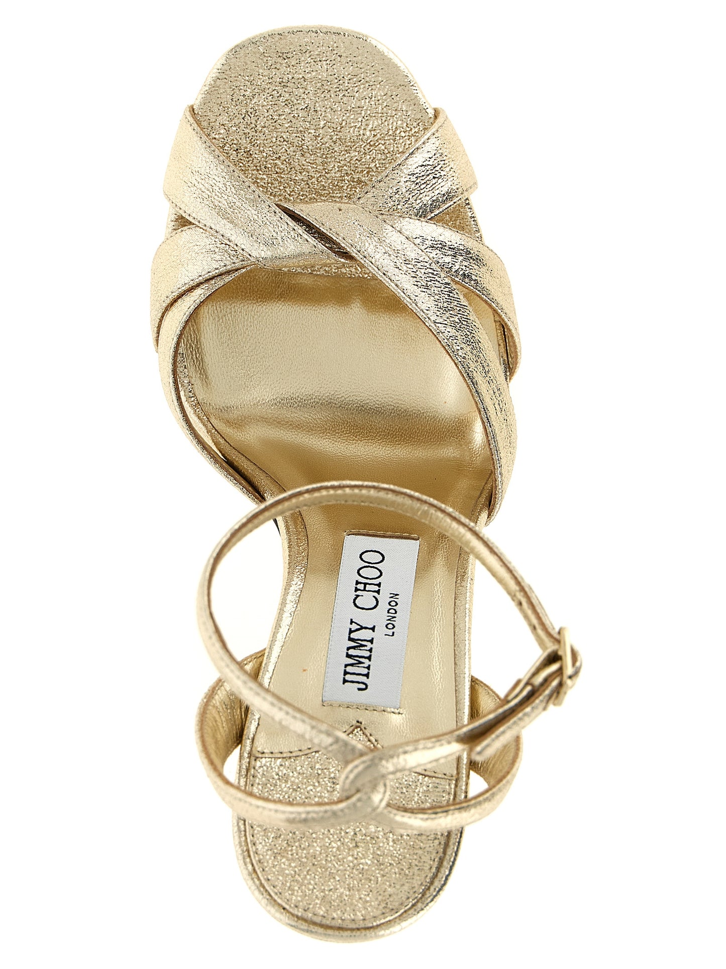 Platform Stiletto Ankle Strap Sandals by Jimmy Choo for women in leather gold showcases a sculptural silhouette as Play Women's Leather Platform Stiletto Ankle Strap Sandals, defined by a sculptural stiletto platform block-heel and sculptural open toe style for a sculptural look.