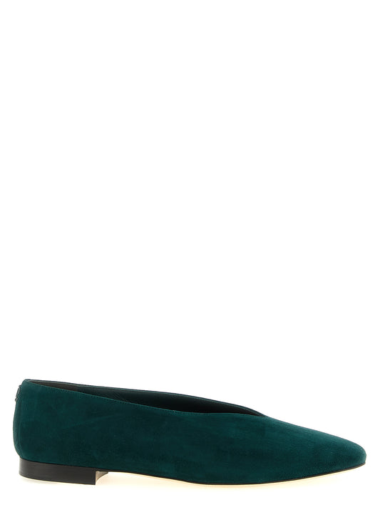 Ballet Flat Shoes by Jimmy Choo for women in suede leather bicolour, green, signature & monogram showcases a dynamic silhouette, artfully capturing Women's Suede Leather Ballet Flat Shoes through its distinctive and elegant .