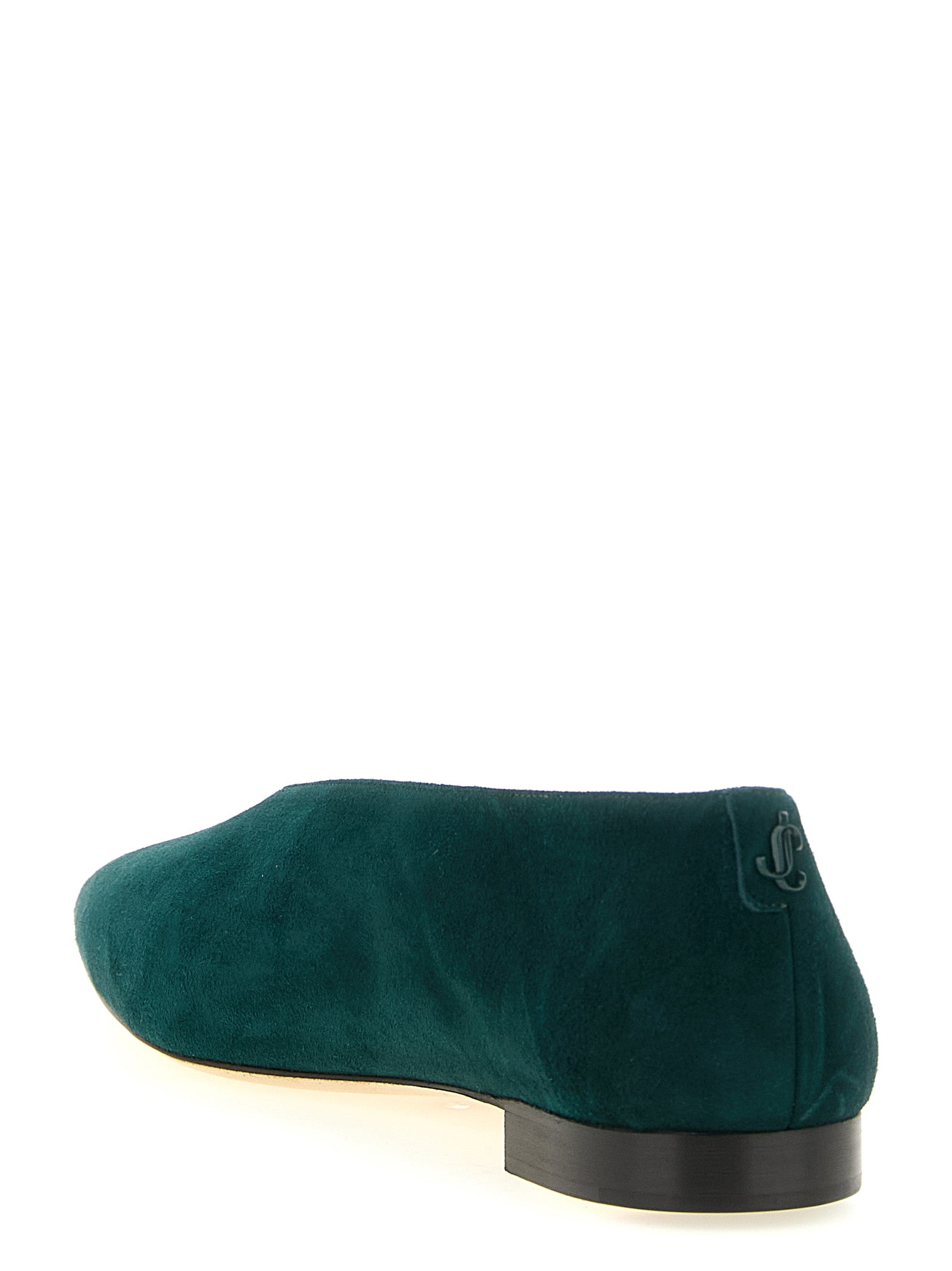 Ballet Flat Shoes by Jimmy Choo for women in suede leather bicolour, green, signature & monogram presents a effortless chic silhouette, showcasing the Women's Suede Leather Ballet Flat Shoes design with a effortless chic and for a sophisticated look.