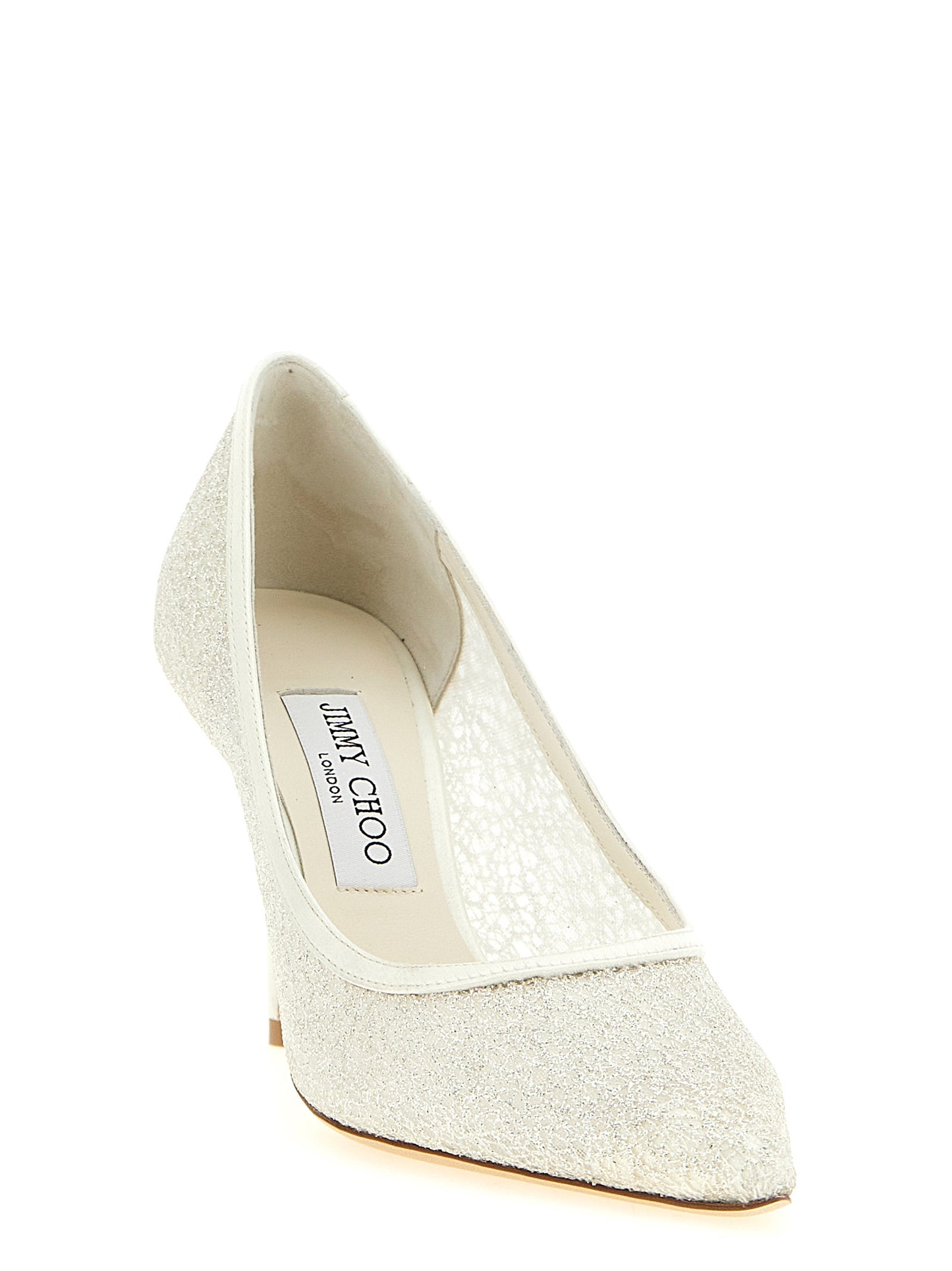 High-Heel Stiletto Pumps Heels by Jimmy Choo for women in leather & silk ivory, transparent & white features an captivating silhouette, showcasing the elegant Women's Leather & Silk High-Heel Stiletto Pumps Heels design with a stiletto high-heel and a sophisticated pointed toe style.