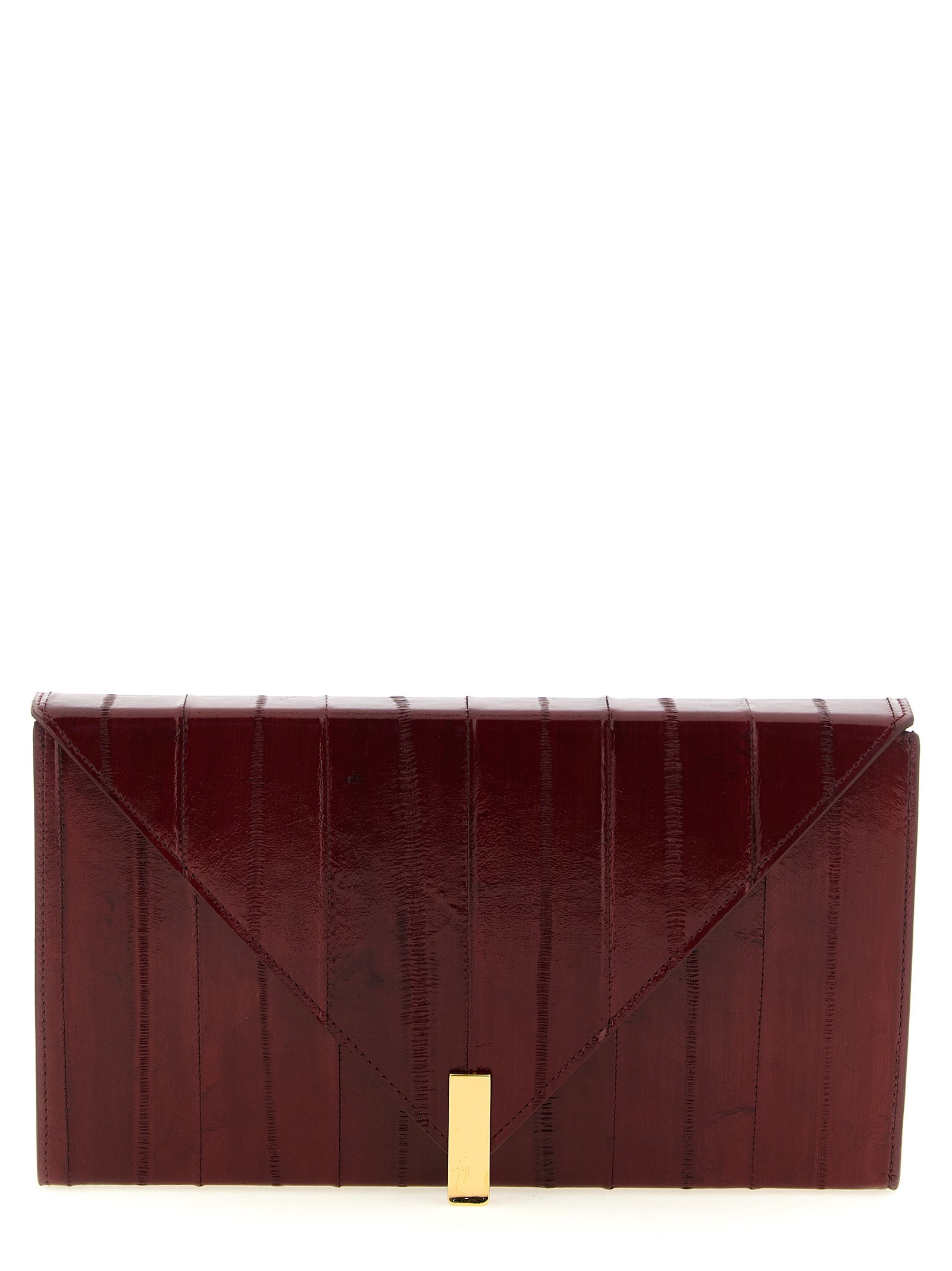 Evening Envelope Clutch Handbag by Giuseppe Zanotti for women in polyamide bordeaux, burgundy & gold features a statuesque silhouette, showcasing a secure flap, magnetic & button and organized with versatile shoulder-strap & detachable-strap for statuesque evening wear.