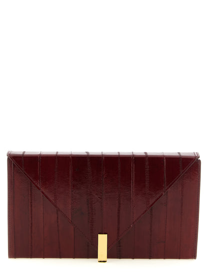 Evening Envelope Clutch Handbag by Giuseppe Zanotti for women in polyamide bordeaux, burgundy & gold features a statuesque silhouette, showcasing a secure flap, magnetic & button and organized with versatile shoulder-strap & detachable-strap for statuesque evening wear.