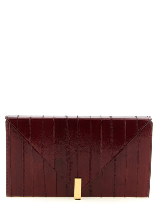 Evening Envelope Clutch Handbag by Giuseppe Zanotti for women in polyamide bordeaux, burgundy & gold features a statuesque silhouette, showcasing a secure flap, magnetic & button and organized with versatile shoulder-strap & detachable-strap for statuesque evening wear.