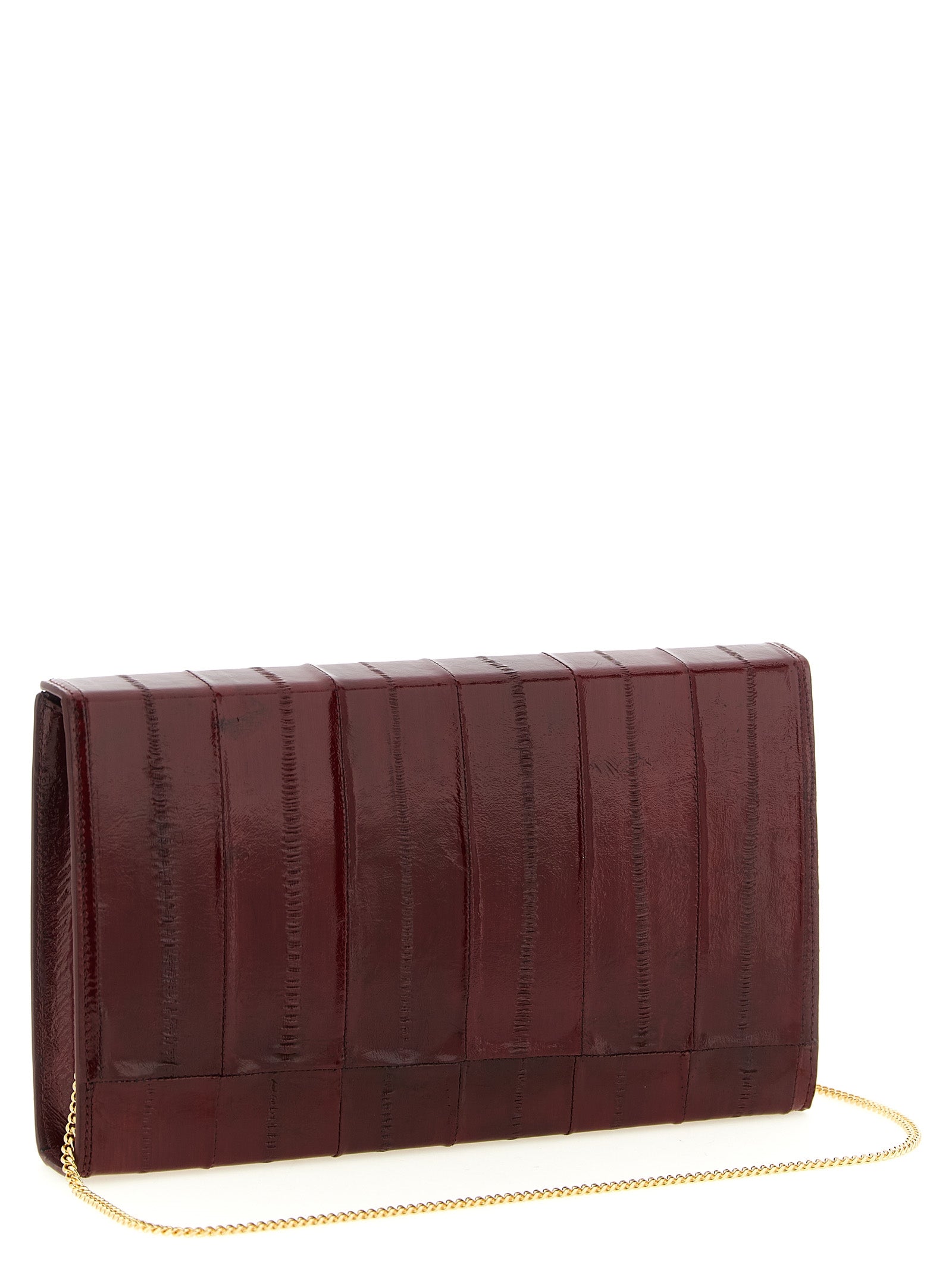 Evening Envelope Clutch Handbag by Giuseppe Zanotti for women in polyamide bordeaux, burgundy & gold features an sculptural silhouette, showcasing a secure flap, magnetic & button and sculptural with versatile shoulder-strap & detachable-strap for a sophisticated look.
