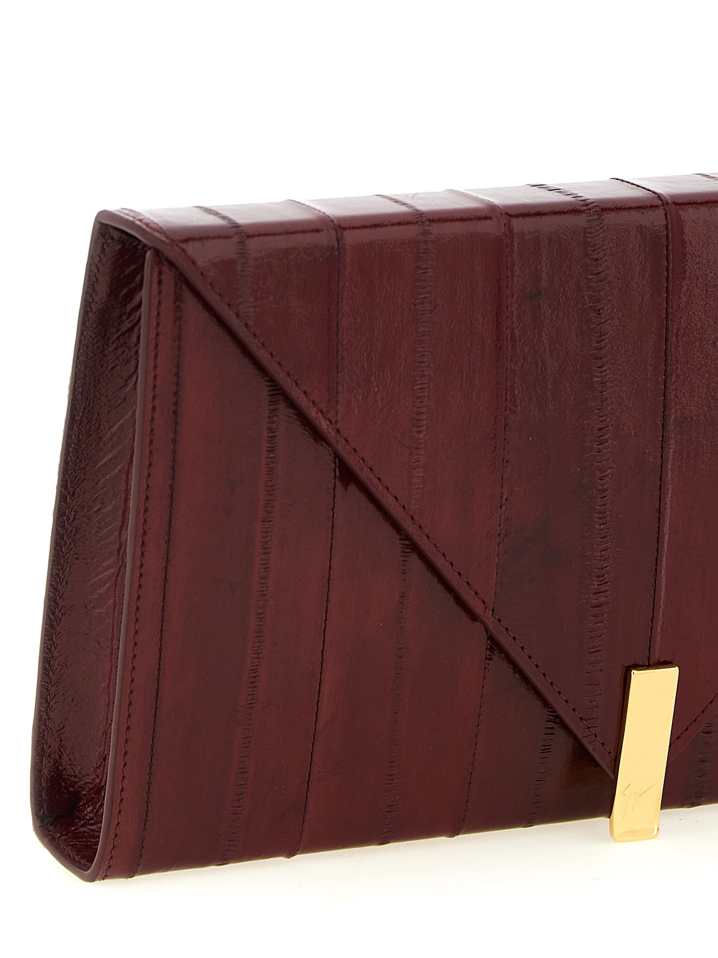 Evening Envelope Clutch Handbag by Giuseppe Zanotti for women in polyamide bordeaux, burgundy & gold features a architectural silhouette, showcasing a secure flap, magnetic & button, ample , and versatile shoulder-strap & detachable-strap for a architectural finish.