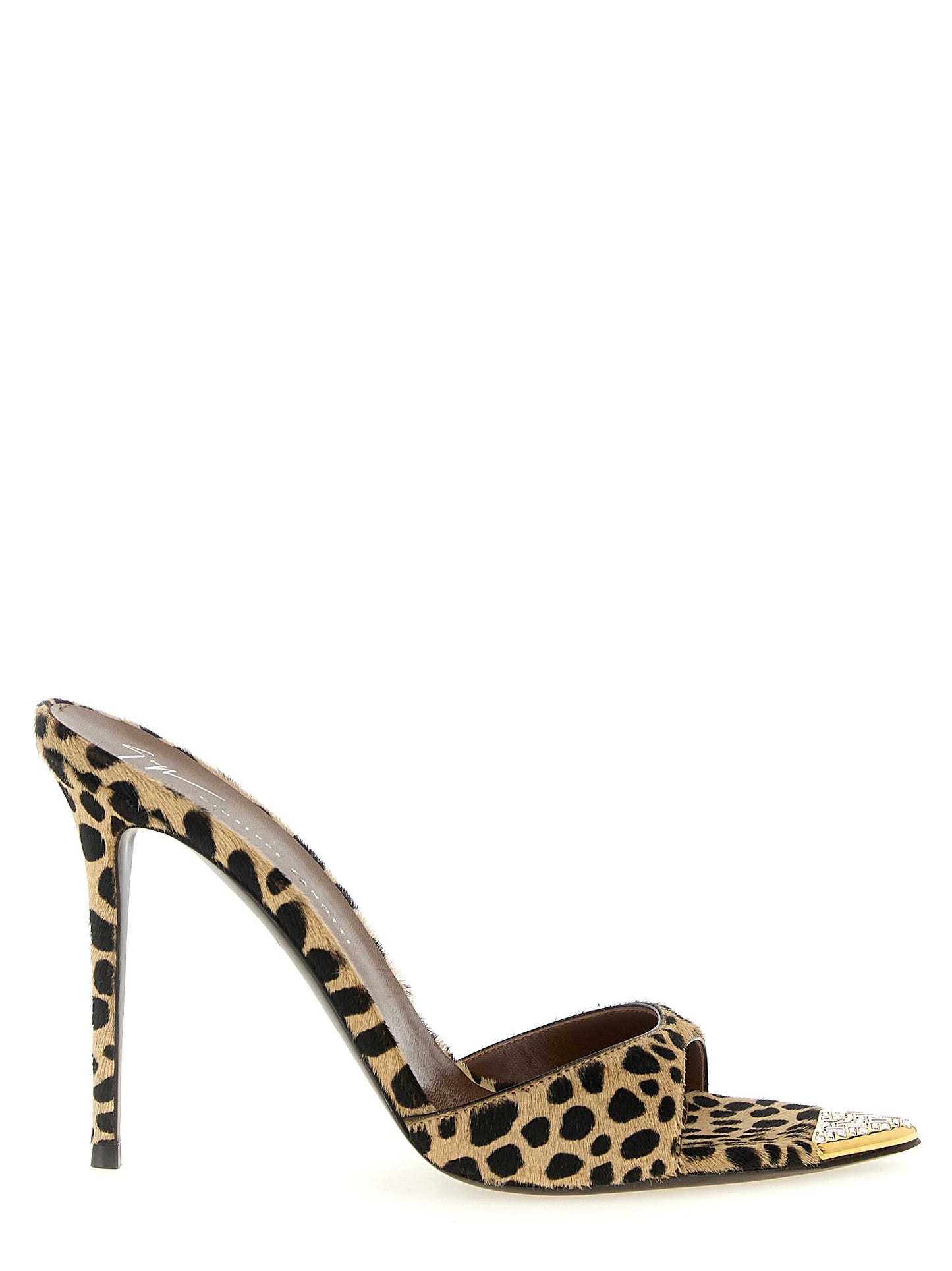 Stiletto Mules Sandals by Giuseppe Zanotti for women in calfskin wool & rhinestone animal, gold, multicolor, leopard-print & print features an effortlessly chic silhouette from the Pony Women's Calfskin Wool & Rhinestone Stiletto Mules Sandals collection, showcasing a effortlessly chic stiletto and elegant .