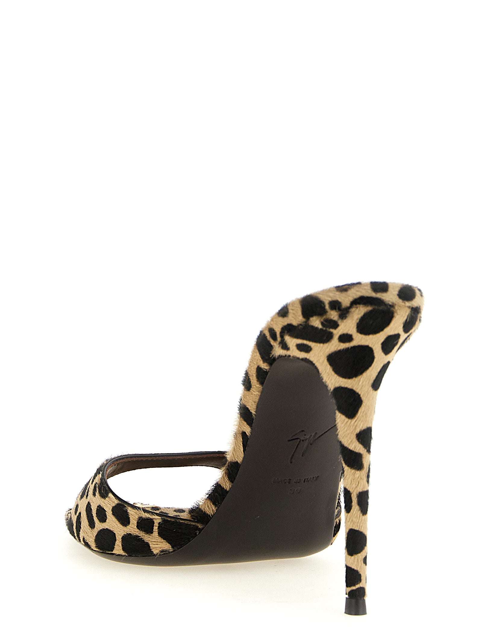 Stiletto Mules Sandals by Giuseppe Zanotti for women in calfskin wool & rhinestone animal, gold, multicolor, leopard-print & print features an statuesque Pony Women's Calfskin Wool & Rhinestone Stiletto Mules Sandals silhouette with a refined stiletto and elegant .