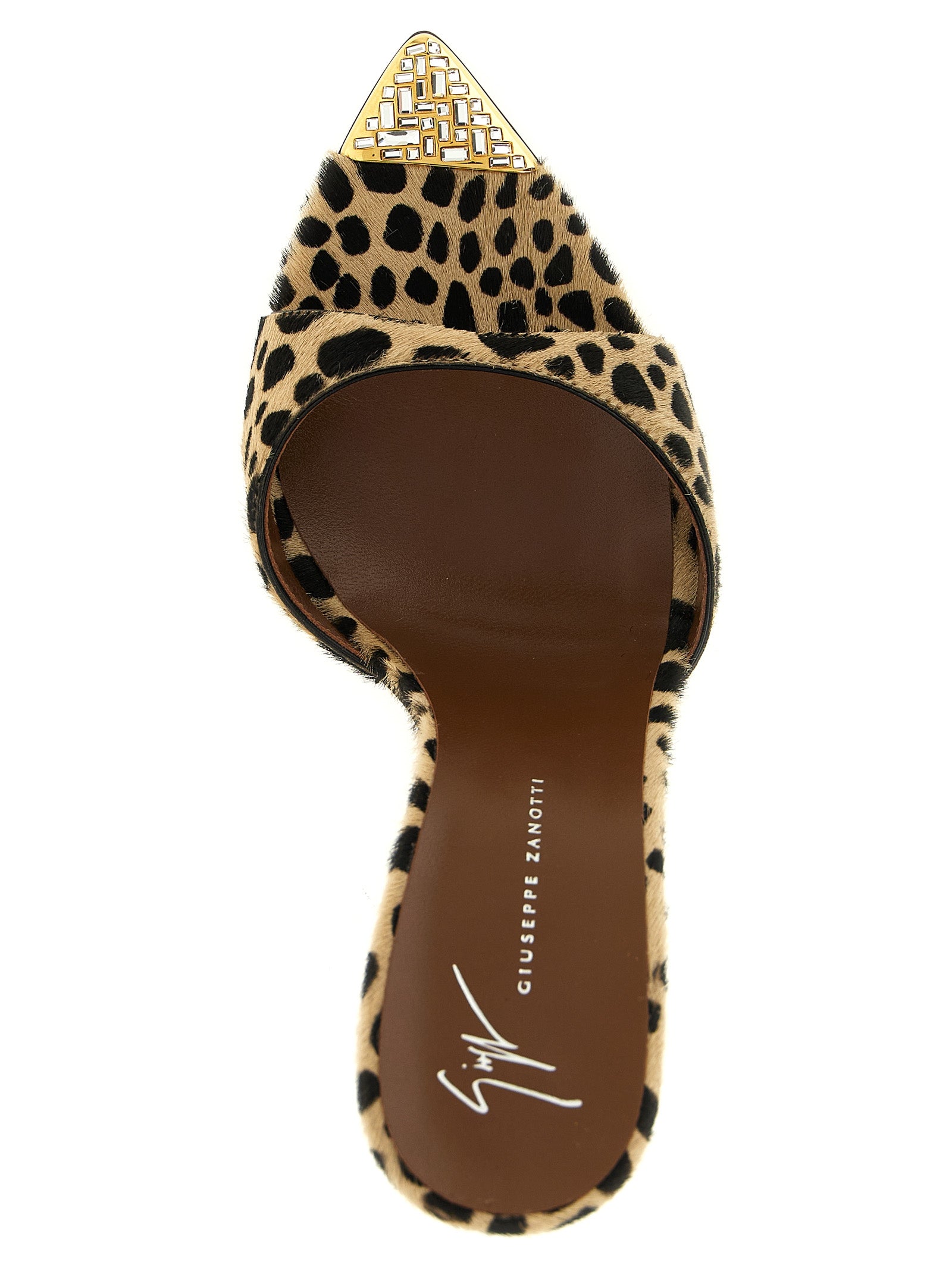 Stiletto Mules Sandals by Giuseppe Zanotti for women in calfskin wool & rhinestone animal, gold, multicolor, leopard-print & print features an statuesque Pony Women's Calfskin Wool & Rhinestone Stiletto Mules Sandals silhouette with a refined stiletto and elegant .