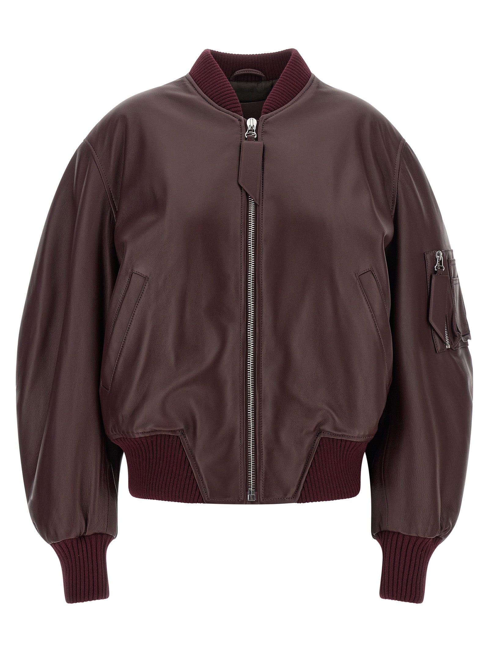 Bomber Jacket by The Attico for women in lambskin leather bordeaux features a dramatic silhouette, showcasing a sophisticated and distinctive pockets for a dramatic aesthetic.