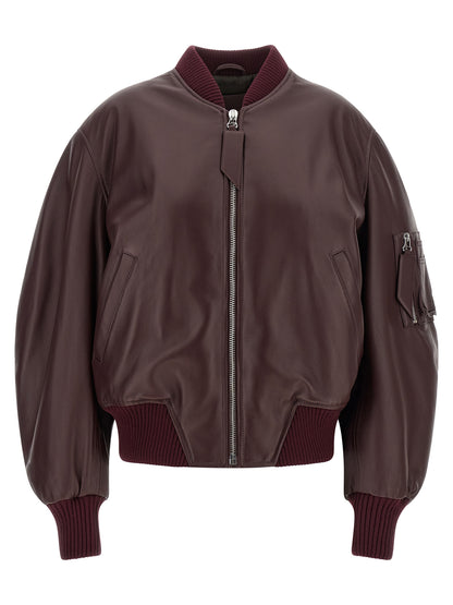 Bomber Jacket by The Attico for women in lambskin leather bordeaux features a dramatic silhouette, showcasing a sophisticated and distinctive pockets for a dramatic aesthetic.