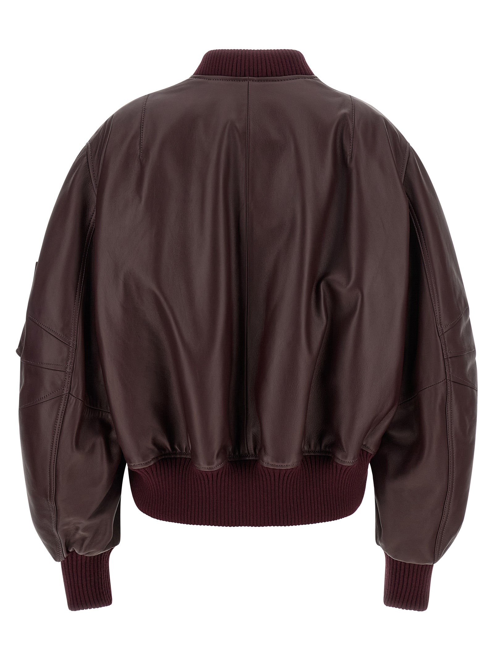 Bomber Jacket by The Attico for women in lambskin leather bordeaux showcases a bohemian silhouette, artfully detailed with a bohemian and signature pockets for a truly bohemian finish.