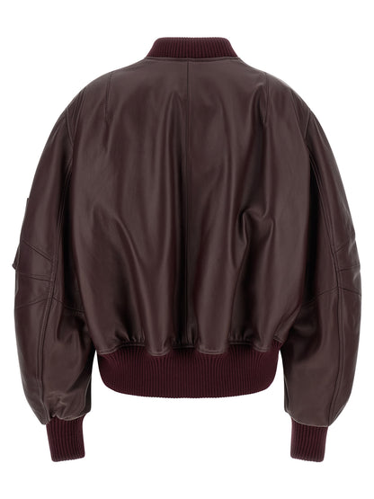 Bomber Jacket by The Attico for women in lambskin leather bordeaux showcases a bohemian silhouette, artfully detailed with a bohemian and signature pockets for a truly bohemian finish.