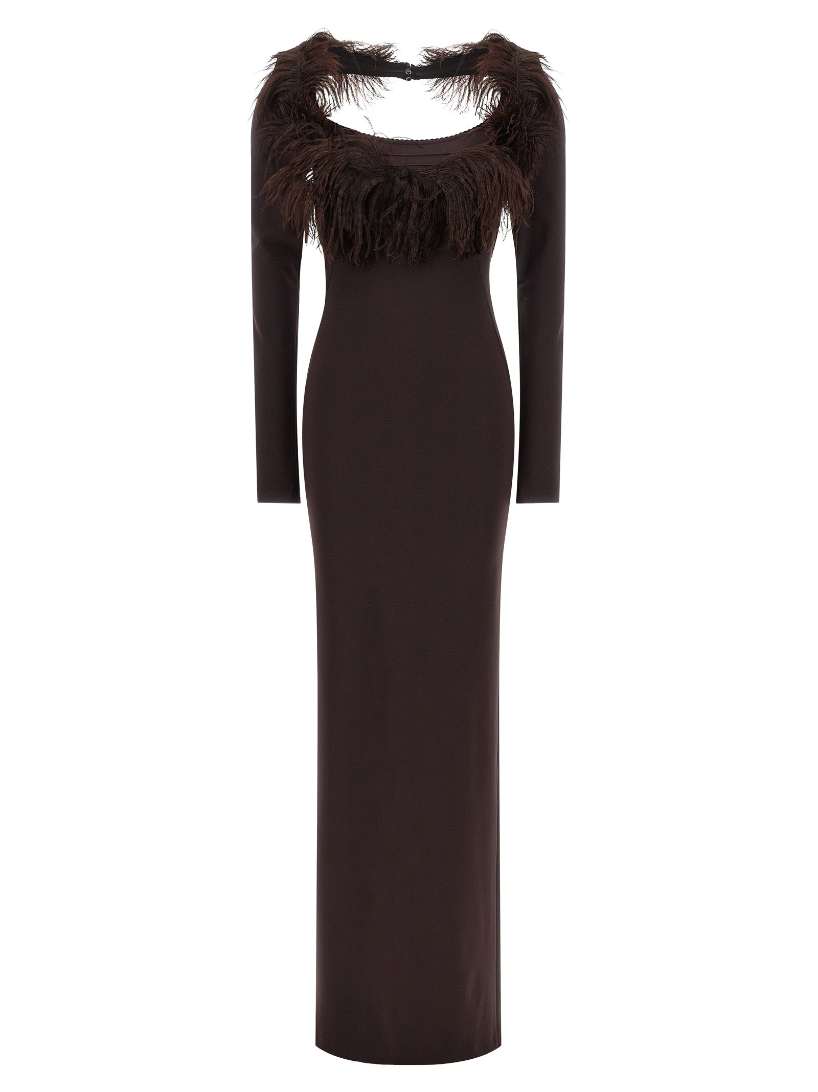 Dress by The Attico for women in viscose & ostrich leather brown features an eye catching silhouette with a sophisticated split wide-neck neckline, elegant long-sleeve, and a refined long for a eye catching aesthetic.