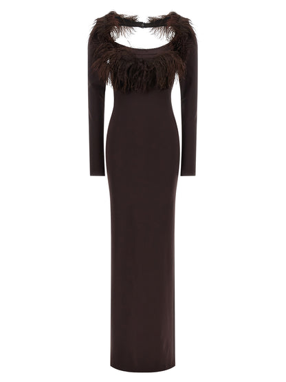Dress by The Attico for women in viscose & ostrich leather brown features an eye catching silhouette with a sophisticated split wide-neck neckline, elegant long-sleeve, and a refined long for a eye catching aesthetic.