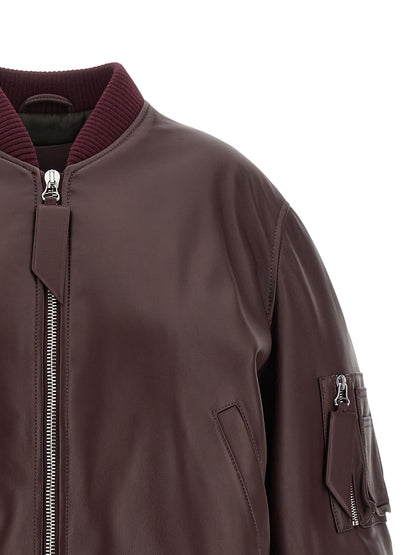 Bomber Jacket by The Attico for women in lambskin leather bordeaux features a city-ready silhouette, detailed with pockets and a city-ready .