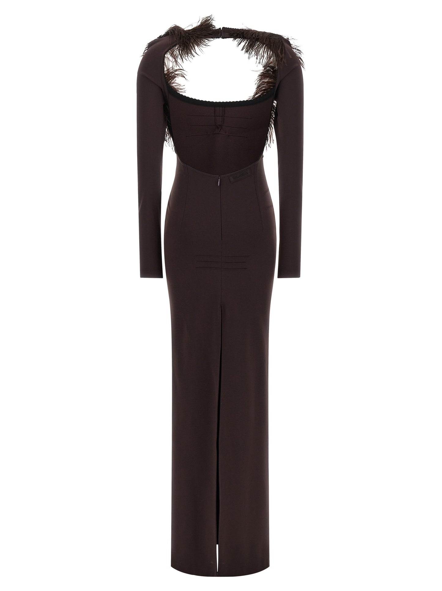 Dress by The Attico for women in viscose & ostrich leather brown features an sultry silhouette defined by a split wide-neck neckline and , falling to an sultry long for a sultry look.