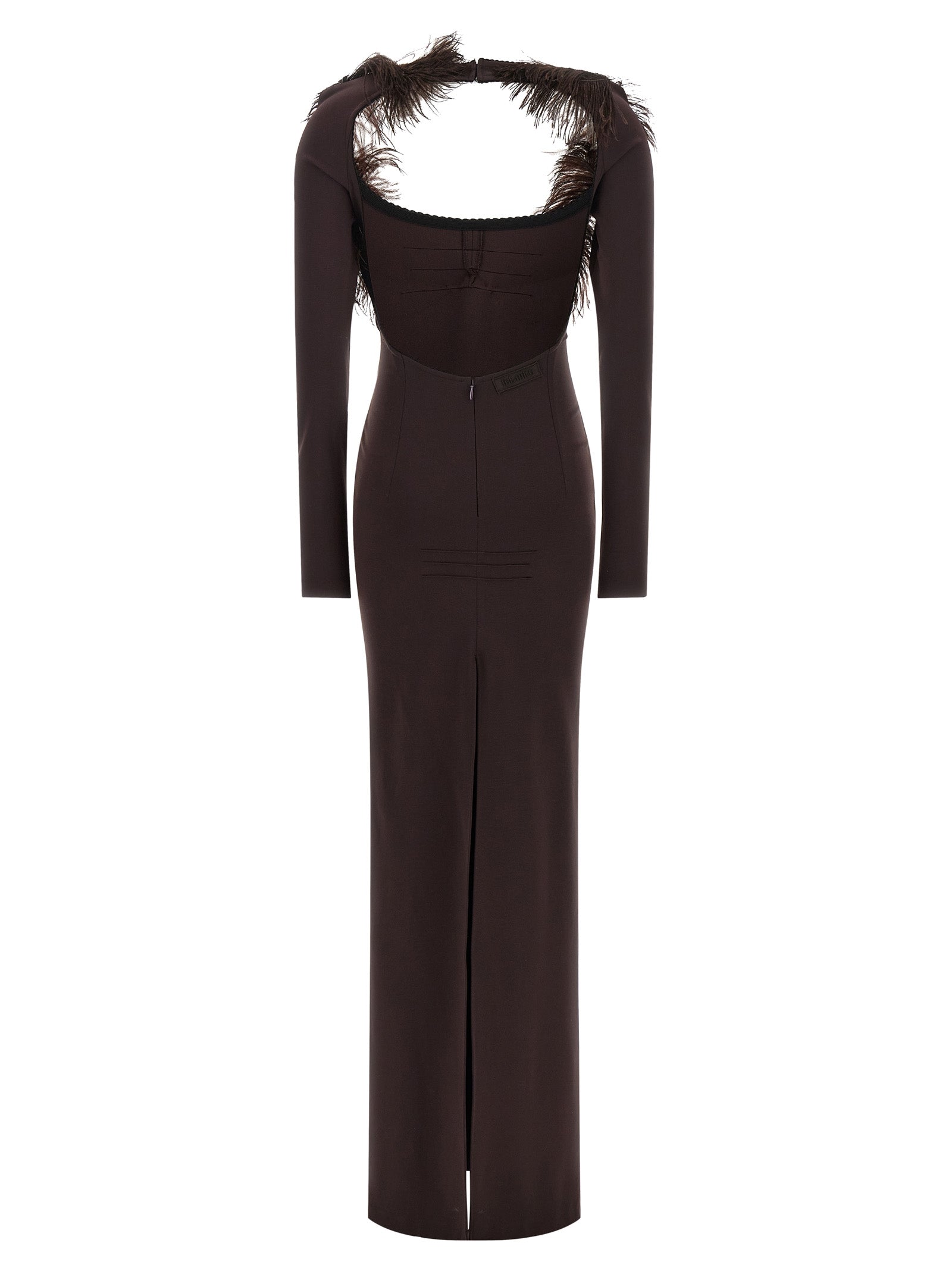 Dress by The Attico for women in viscose & ostrich leather brown features an sultry silhouette defined by a split wide-neck neckline and , falling to an sultry long for a sultry look.