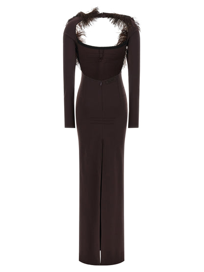 Dress by The Attico for women in viscose & ostrich leather brown features an sultry silhouette defined by a split wide-neck neckline and , falling to an sultry long for a sultry look.