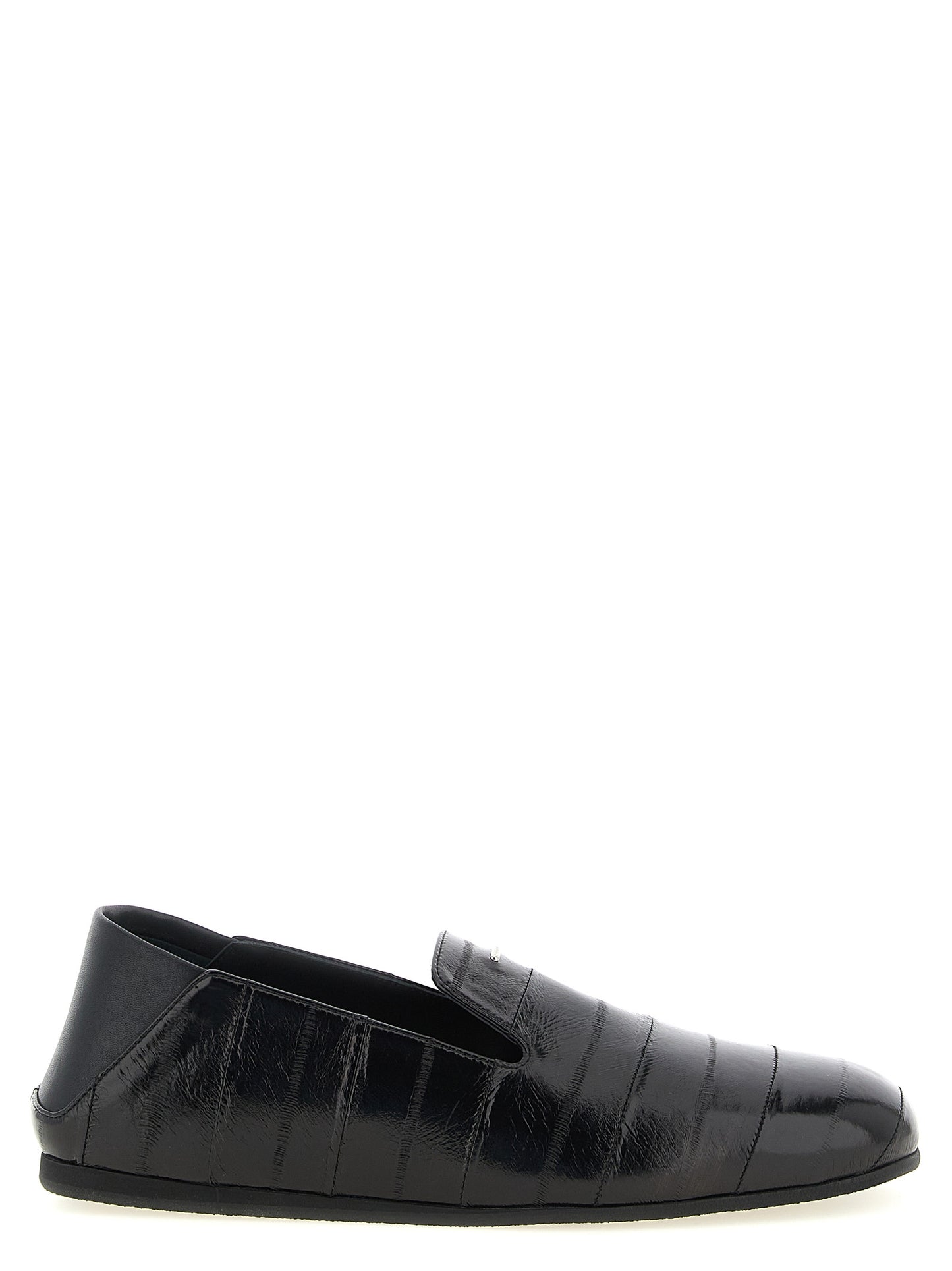 Flat Loafer Slip-On Shoes by Giuseppe Zanotti for men in eel leather black & silver showcases a impeccable silhouette as Men's Eel Leather Flat Loafer Slip-On Shoes, artfully designed with a impeccable flat and refined for a impeccable finish.