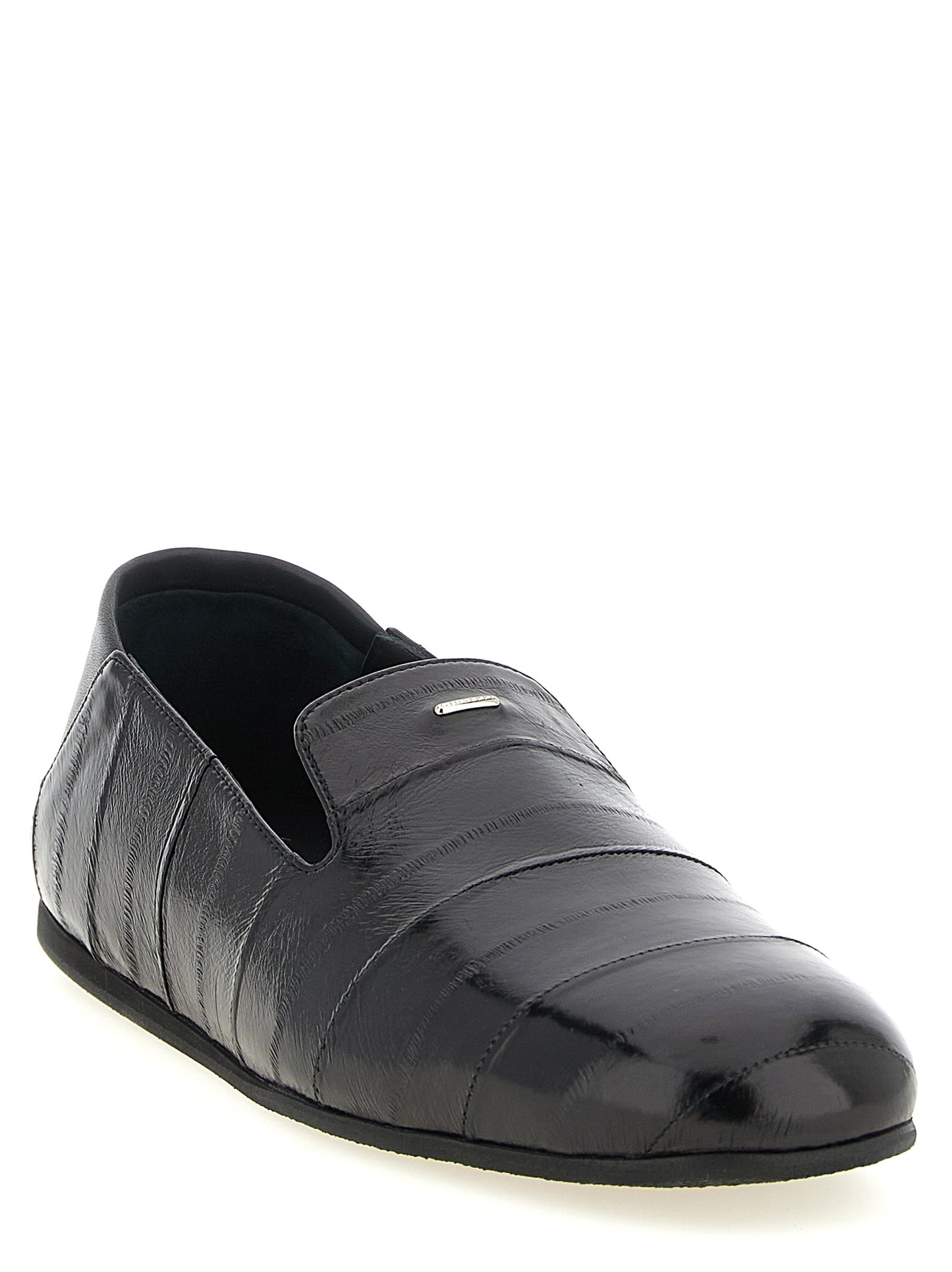 Flat Loafer Slip-On Shoes by Giuseppe Zanotti for men in eel leather black & silver features an dynamic silhouette from the Men's Eel Leather Flat Loafer Slip-On Shoes collection, defined by a dynamic and flat for a dynamic look.