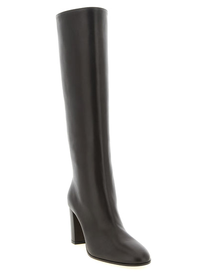 Over-The-Knee Boots by Gianvito Rossi for women in calfskin leather brown features an high-performance silhouette, showcasing the sophisticated design of the Women's Calfskin Leather Over-The-Knee Boots with a block-heel and a refined almond toe style.