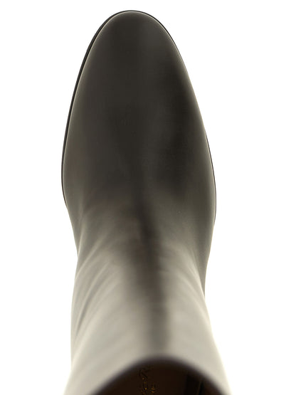 Over-The-Knee Boots by Gianvito Rossi for women in calfskin leather brown features an dynamic silhouette, showcasing the dynamic Women's Calfskin Leather Over-The-Knee Boots design with its distinctive block-heel and elegant almond toe style.