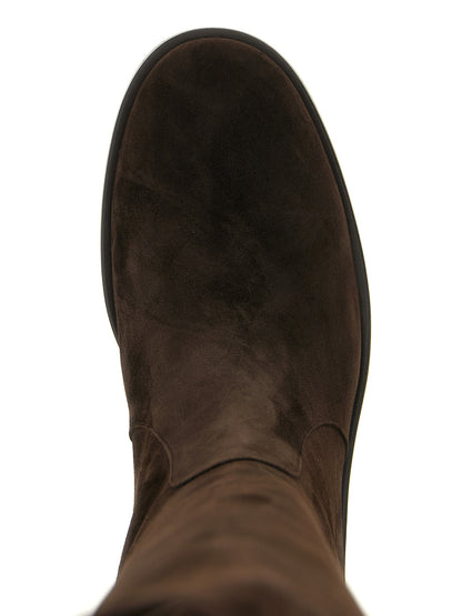 Over-The-Knee Boots by Gianvito Rossi for women in suede leather brown features an enchanting design from the Women's Suede Leather Over-The-Knee Boots collection, highlighting a enchanting block-heel and round toe style for a refined look.