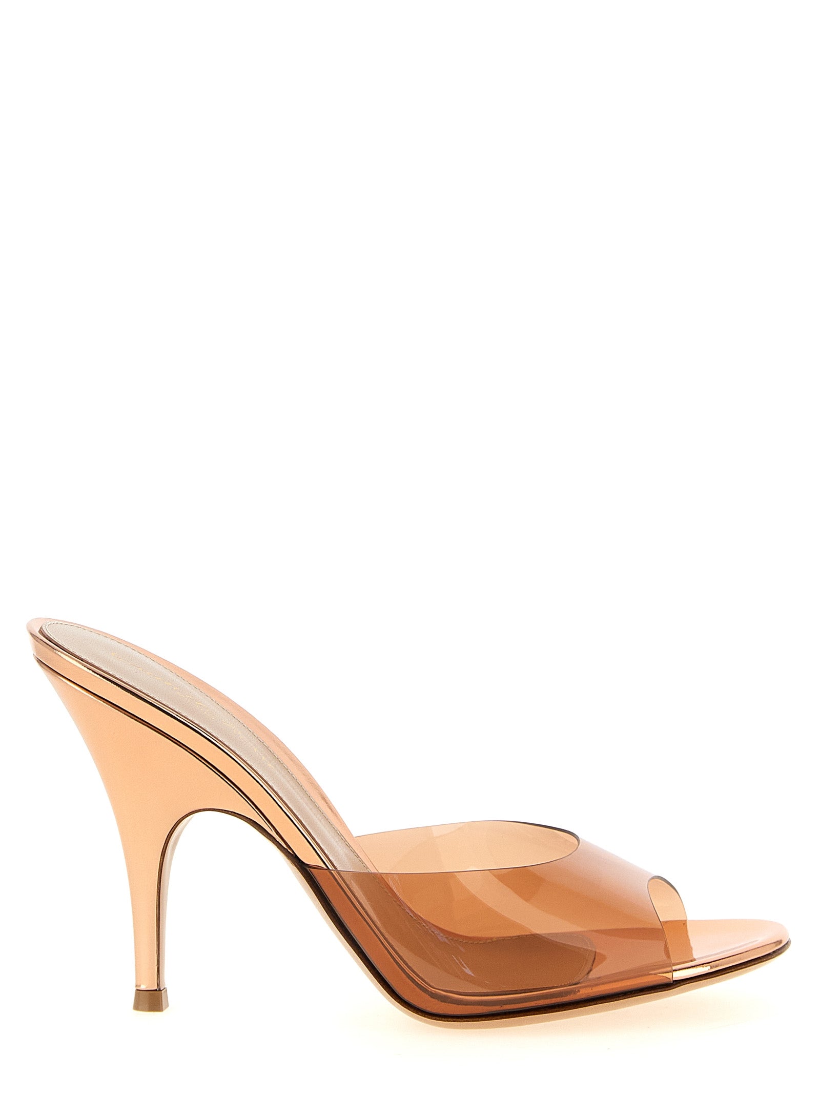 High-Heel Stiletto Mules Sandals by Gianvito Rossi for women in polyethylene leather bronze, gold, orange & transparent features an statuesque Women's Polyethylene Leather High-Heel Stiletto Mules Sandals silhouette with a refined stiletto high-heel and elegant round toe style.
