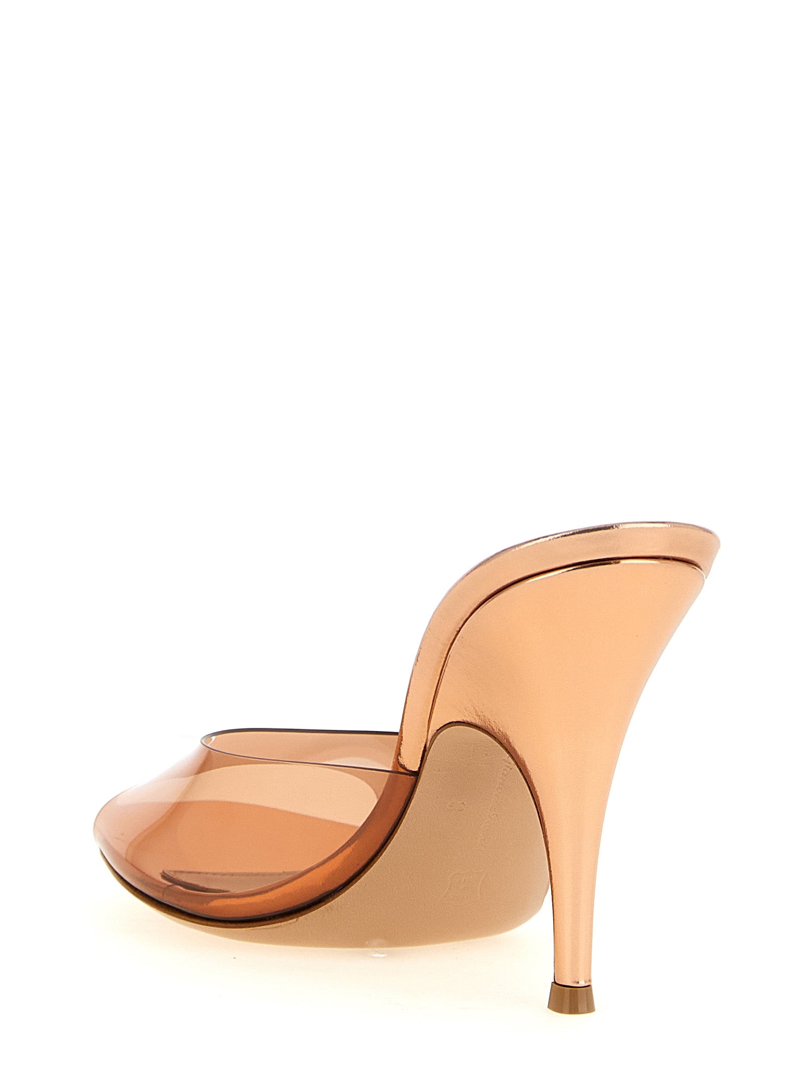 High-Heel Stiletto Mules Sandals by Gianvito Rossi for women in polyethylene leather bronze, gold, orange & transparent features an architectural design from the Women's Polyethylene Leather High-Heel Stiletto Mules Sandals collection, defined by a architectural stiletto high-heel and round toe style for a architectural finish.
