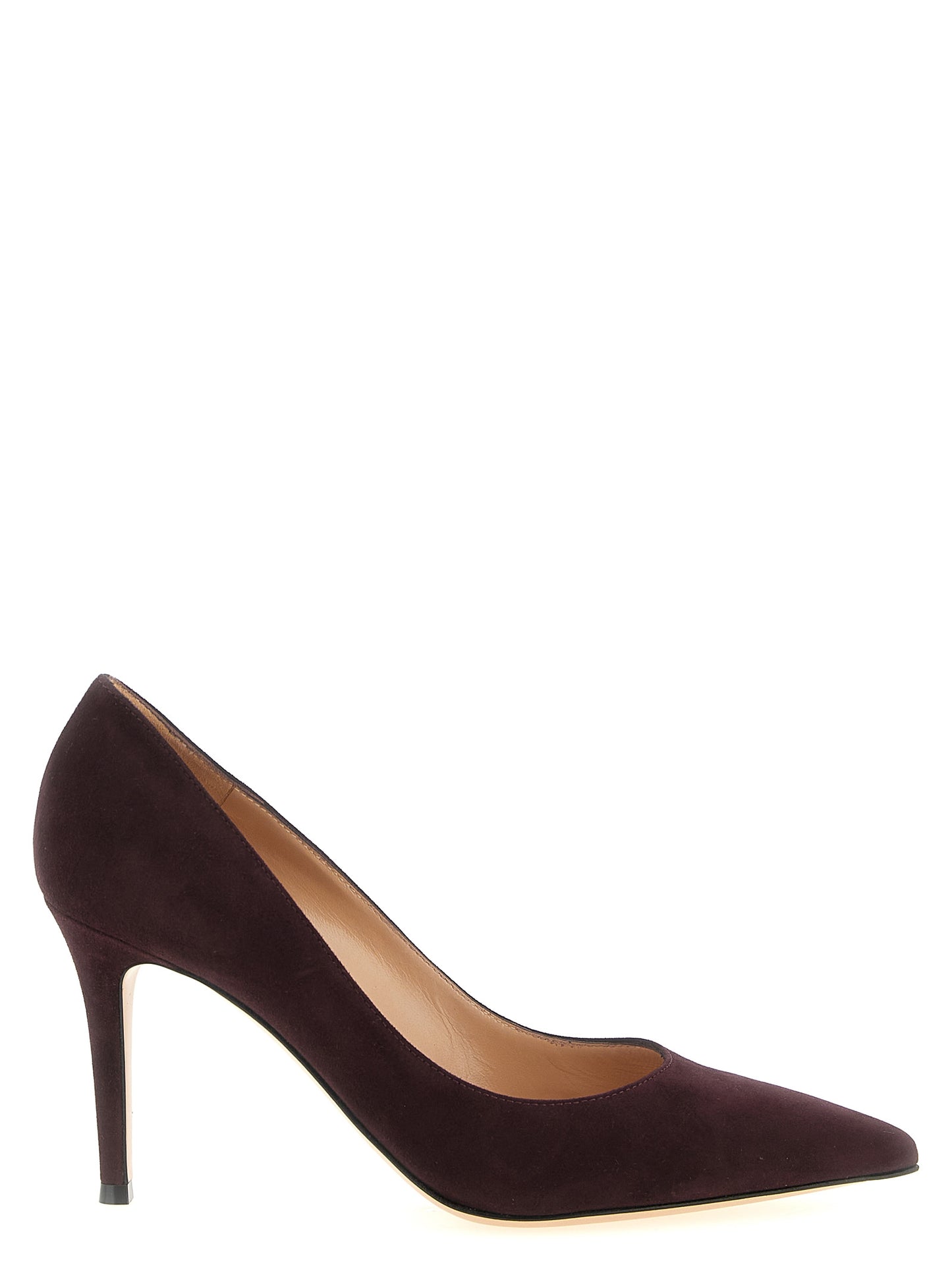 High-Heel Stiletto Pumps Heels by Gianvito Rossi for women in suede leather bordeaux, burgundy & gold features a effortless chic silhouette, showcasing the Essence Women's Suede Leather High-Heel Stiletto Pumps Heels design with a effortless chic stiletto high-heel and pointed toe style for a effortless chic finish.