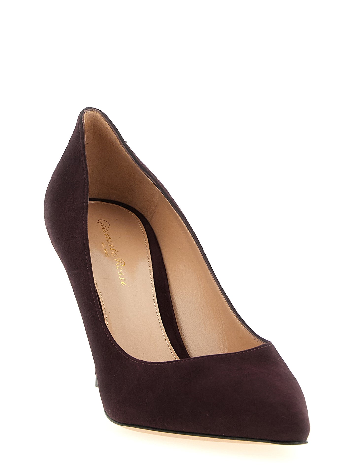 High-Heel Stiletto Pumps Heels by Gianvito Rossi for women in suede leather bordeaux, burgundy & gold features a effortlessly chic Essence Women's Suede Leather High-Heel Stiletto Pumps Heels design with a sophisticated stiletto high-heel and elegant pointed toe style.