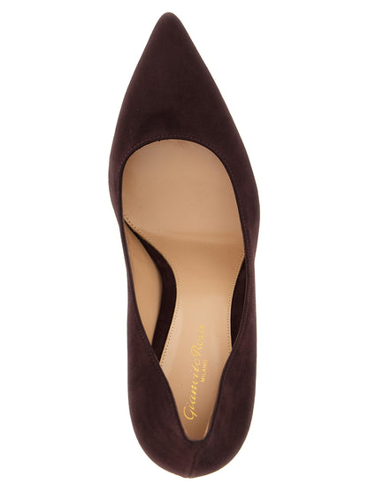 This High-Heel Stiletto Pumps Heels by Gianvito Rossi for women in suede leather bordeaux, burgundy & gold presents a effortlessly chic silhouette from the Essence Women's Suede Leather High-Heel Stiletto Pumps Heels collection, featuring a effortlessly chic stiletto high-heel and effortlessly chic pointed toe style.