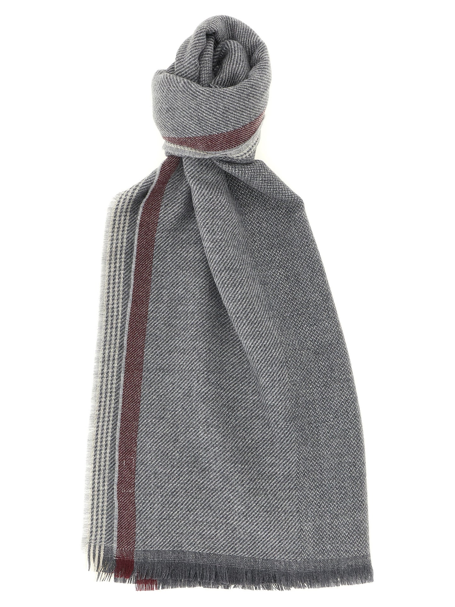 Scarf by Brunello Cucinelli for men in cashmere wool burgundy, gray, light-grey, patterned & striped features a snug silhouette, perfectly showcasing the elegant drape and premium finish of the Cashmere Wool Scarf.