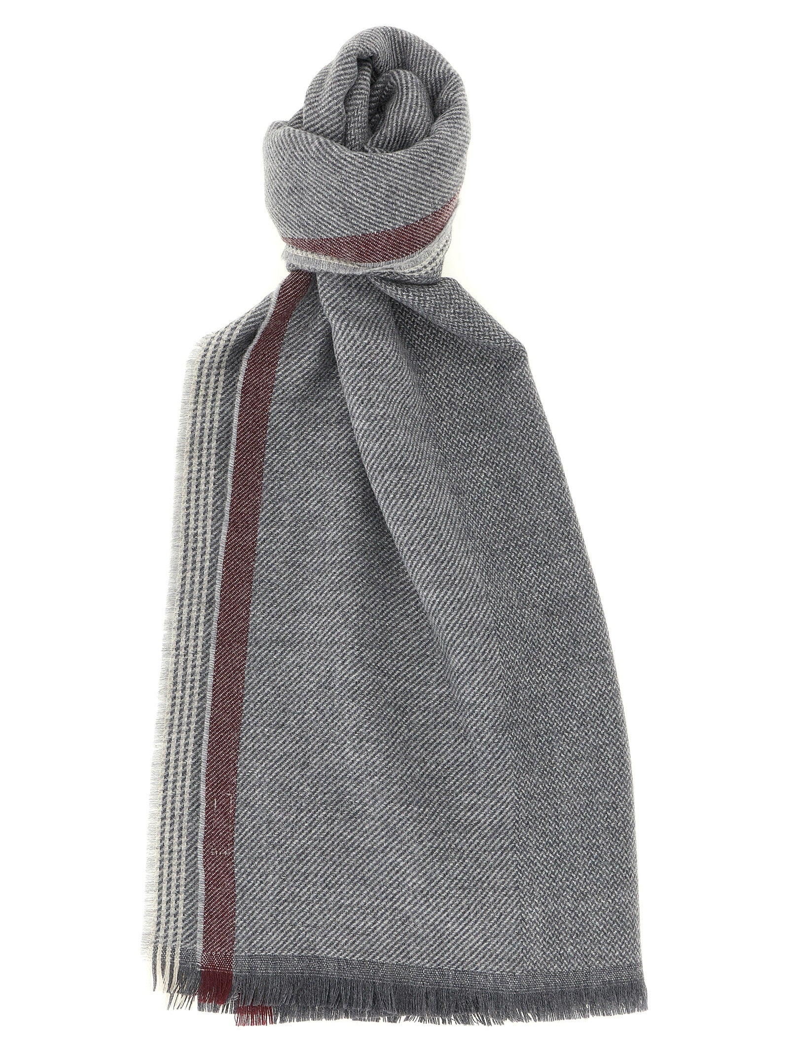 Scarf by Brunello Cucinelli for men in cashmere wool burgundy, gray, light-grey, patterned & striped features a snug silhouette, perfectly showcasing the elegant drape and premium finish of the Cashmere Wool Scarf.