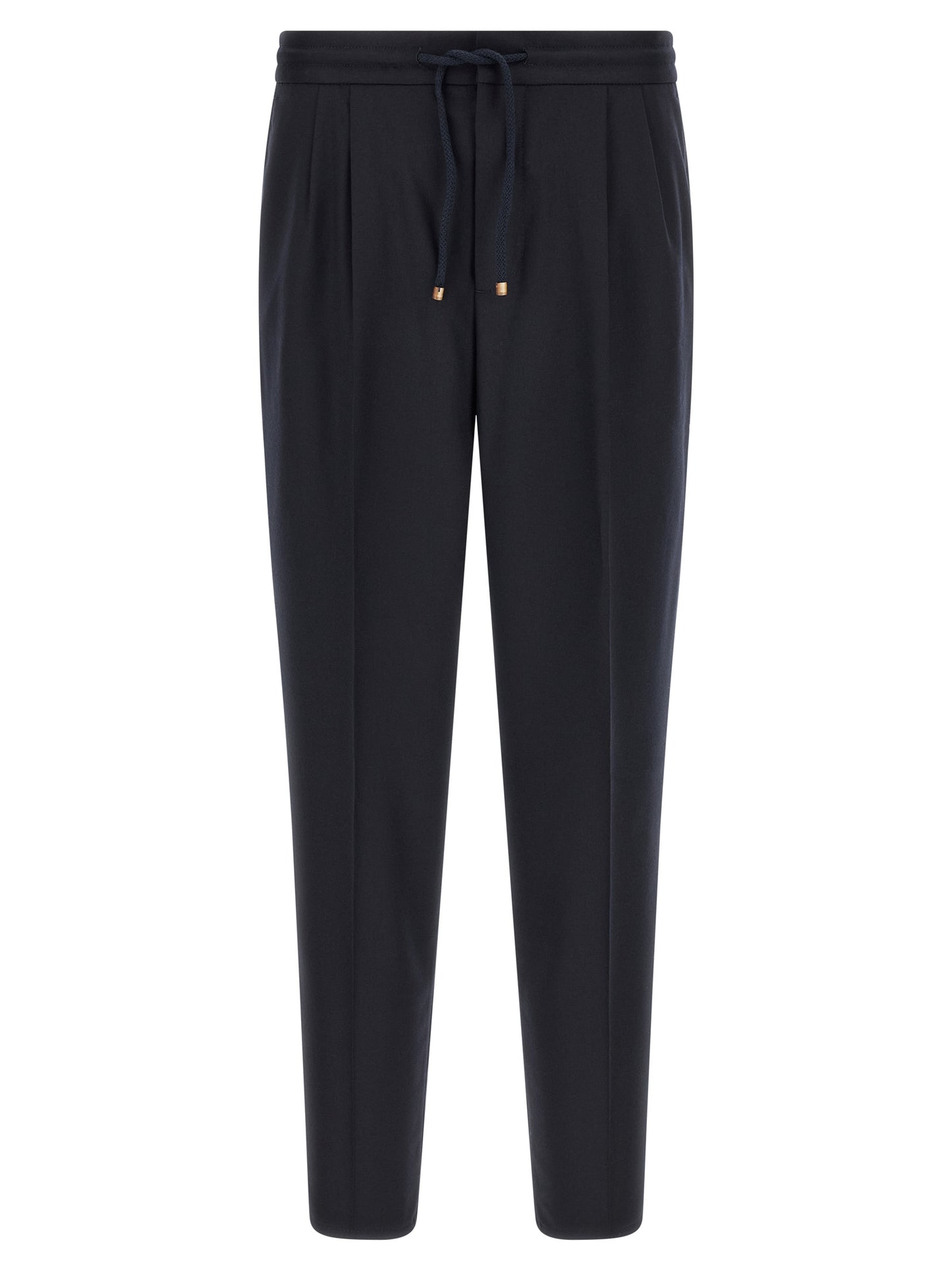 Trousers by Brunello Cucinelli for men in virgin wool & flannel navy features a sculptural silhouette, showcasing a sculptural tapered-leg & relaxed-fit and long with a sophisticated for a sculptural finish.