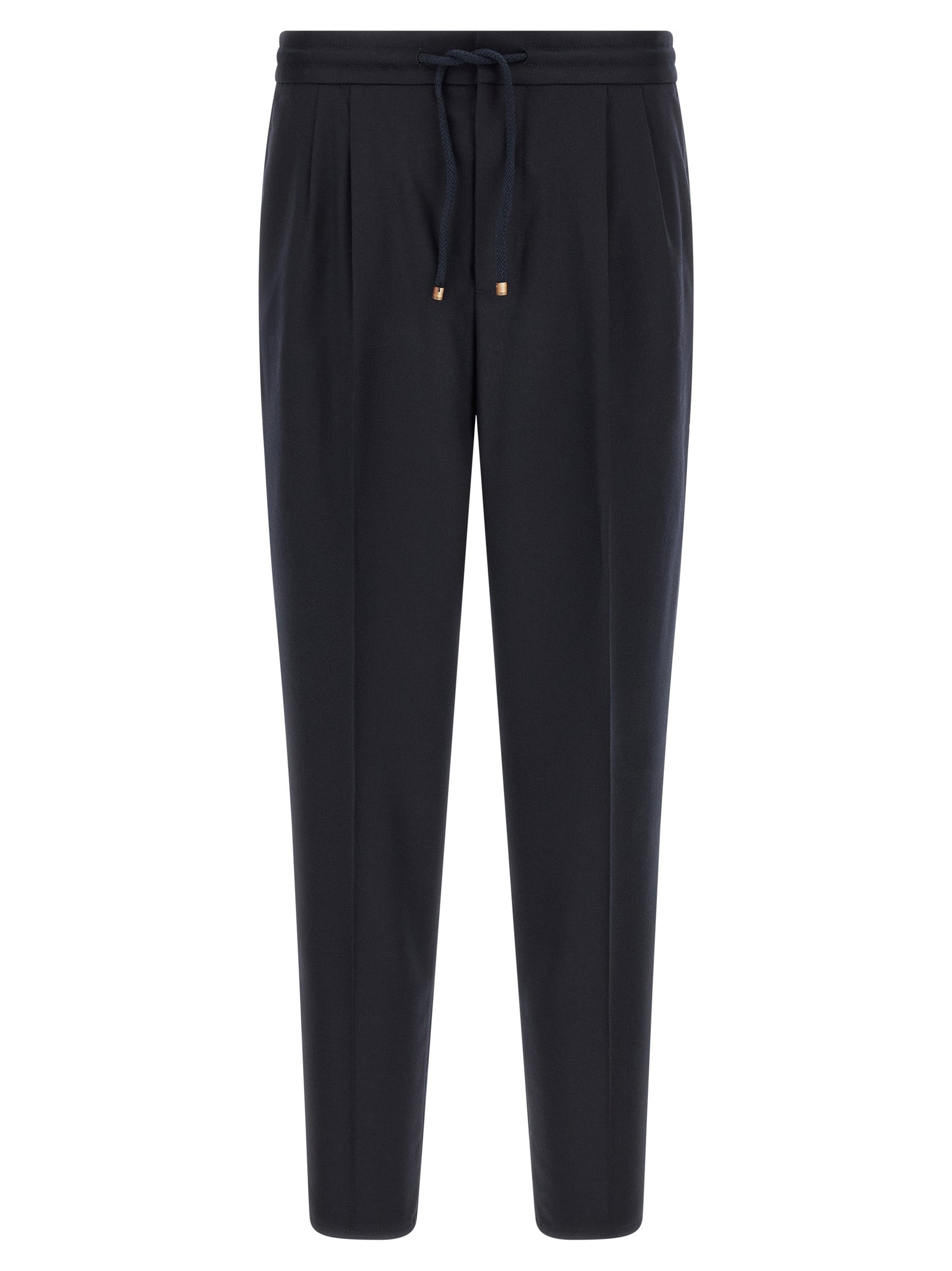 Trousers by Brunello Cucinelli for men in virgin wool & flannel navy features a sculptural silhouette, showcasing a sculptural tapered-leg & relaxed-fit and long with a sophisticated for a sculptural finish.