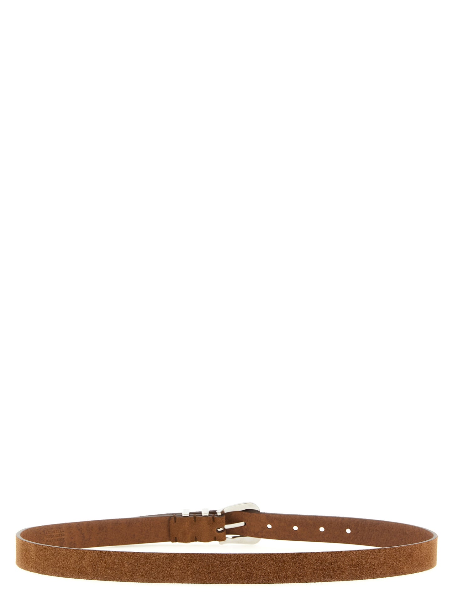 Belt by Brunello Cucinelli for men in suede calfskin leather brown & silver presents a artisanal silhouette from the Suede Calfskin Leather Belt collection, showcasing an artisanal design and refined craftsmanship for a artisanal look.