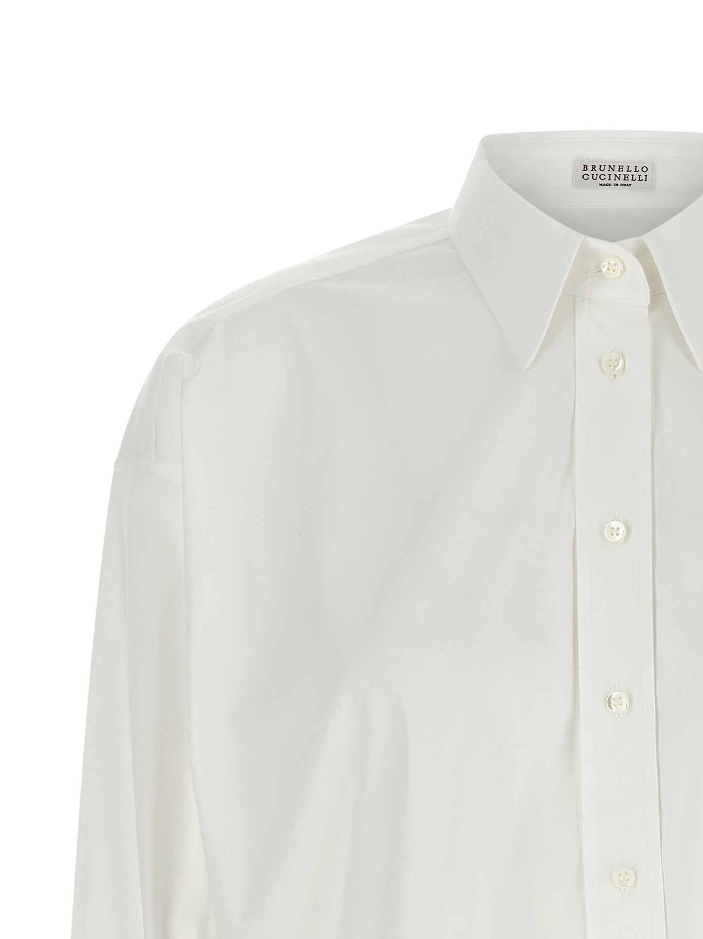 Blouse by Brunello Cucinelli for women in cotton white showcases a sharp silhouette, elegantly detailed with a sharp and sharp .