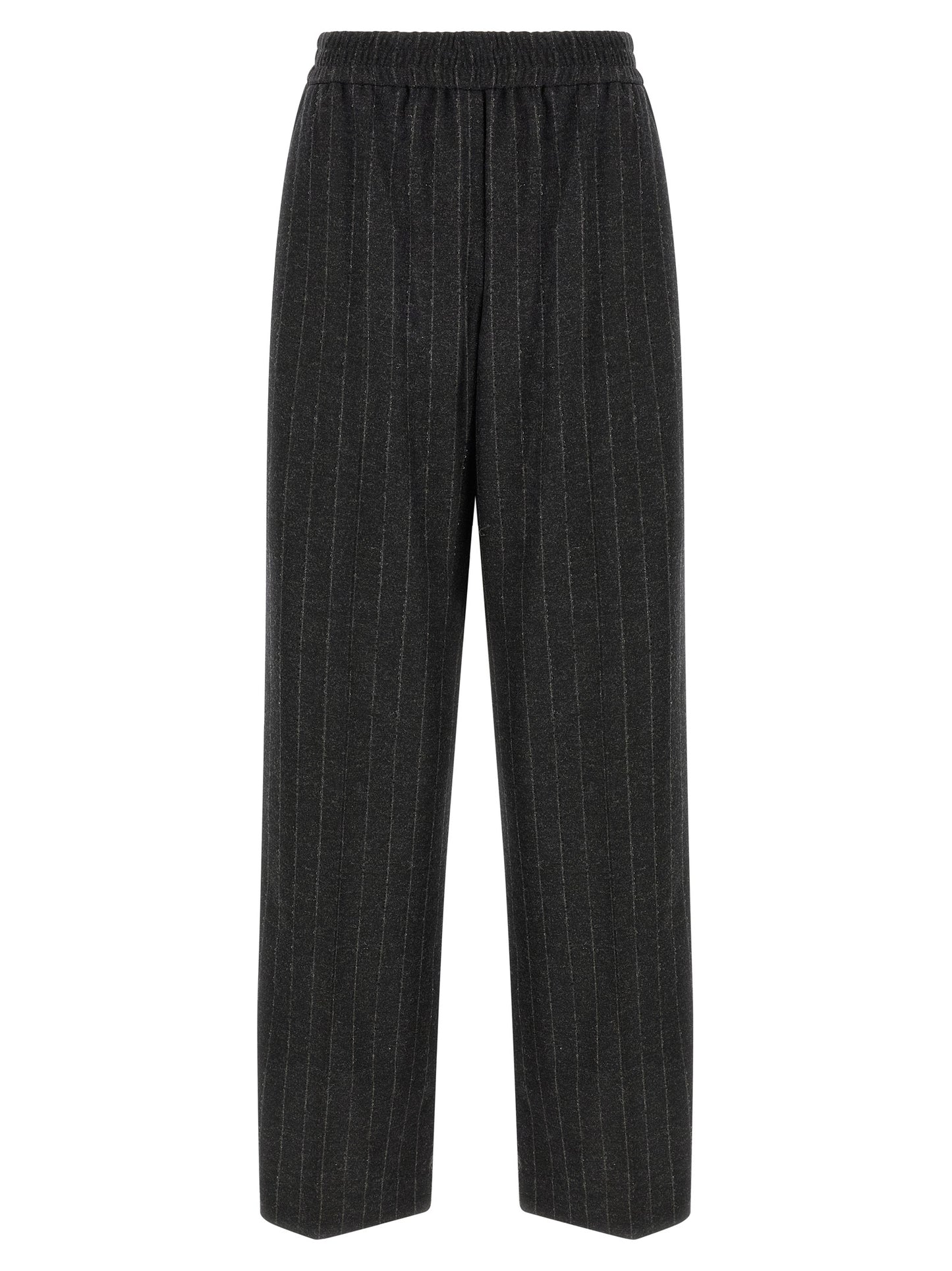 Trousers by Brunello Cucinelli for women in cashmere virgin wool & sequins dark-gray, gray, patterned & pinstripe presents a perennial silhouette, meticulously tailored with a straight-leg, relaxed-fit & wide cut, long finish, and an elegant .