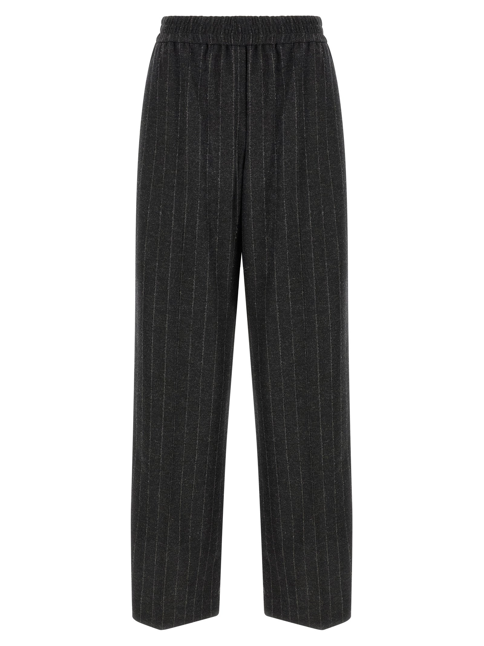Trousers by Brunello Cucinelli for women in cashmere virgin wool & sequins dark-gray, gray, patterned & pinstripe presents a perennial silhouette, meticulously tailored with a straight-leg, relaxed-fit & wide cut, long finish, and an elegant .