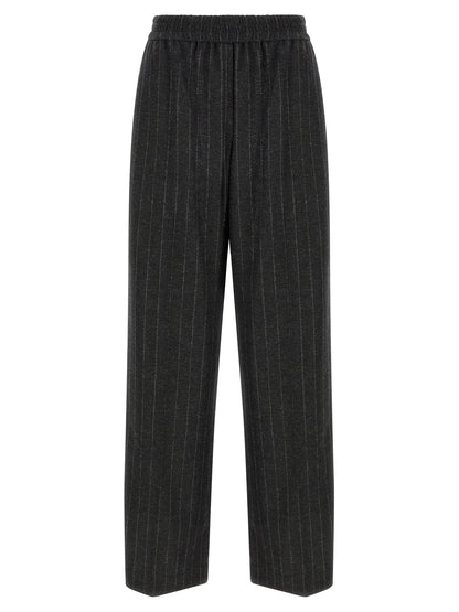 Trousers by Brunello Cucinelli for women in cashmere virgin wool & sequins dark-gray, gray, patterned & pinstripe presents a perennial silhouette, meticulously tailored with a straight-leg, relaxed-fit & wide cut, long finish, and an elegant .
