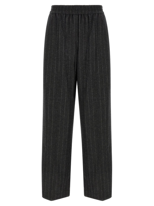 Trousers by Brunello Cucinelli for women in cashmere virgin wool & sequins dark-gray, gray, patterned & pinstripe presents a perennial silhouette, meticulously tailored with a straight-leg, relaxed-fit & wide cut, long finish, and an elegant .