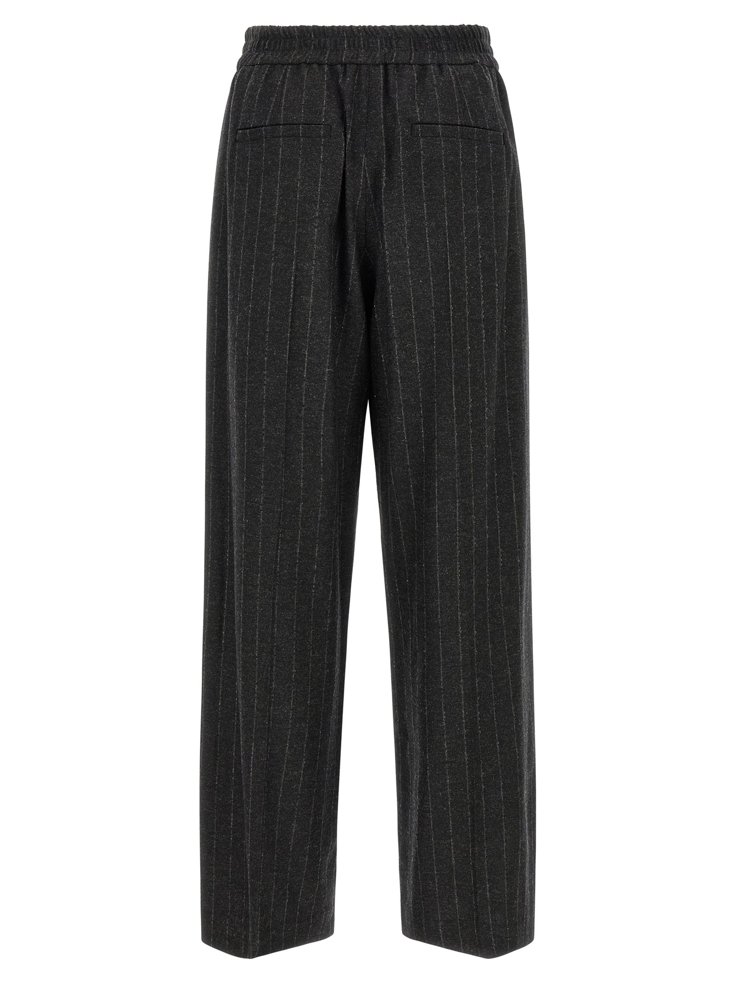 Trousers by Brunello Cucinelli for women in cashmere virgin wool & sequins dark-gray, gray, patterned & pinstripe features an on trend silhouette, showcasing a sophisticated straight-leg, relaxed-fit & wide with a long and for an on trend finish.