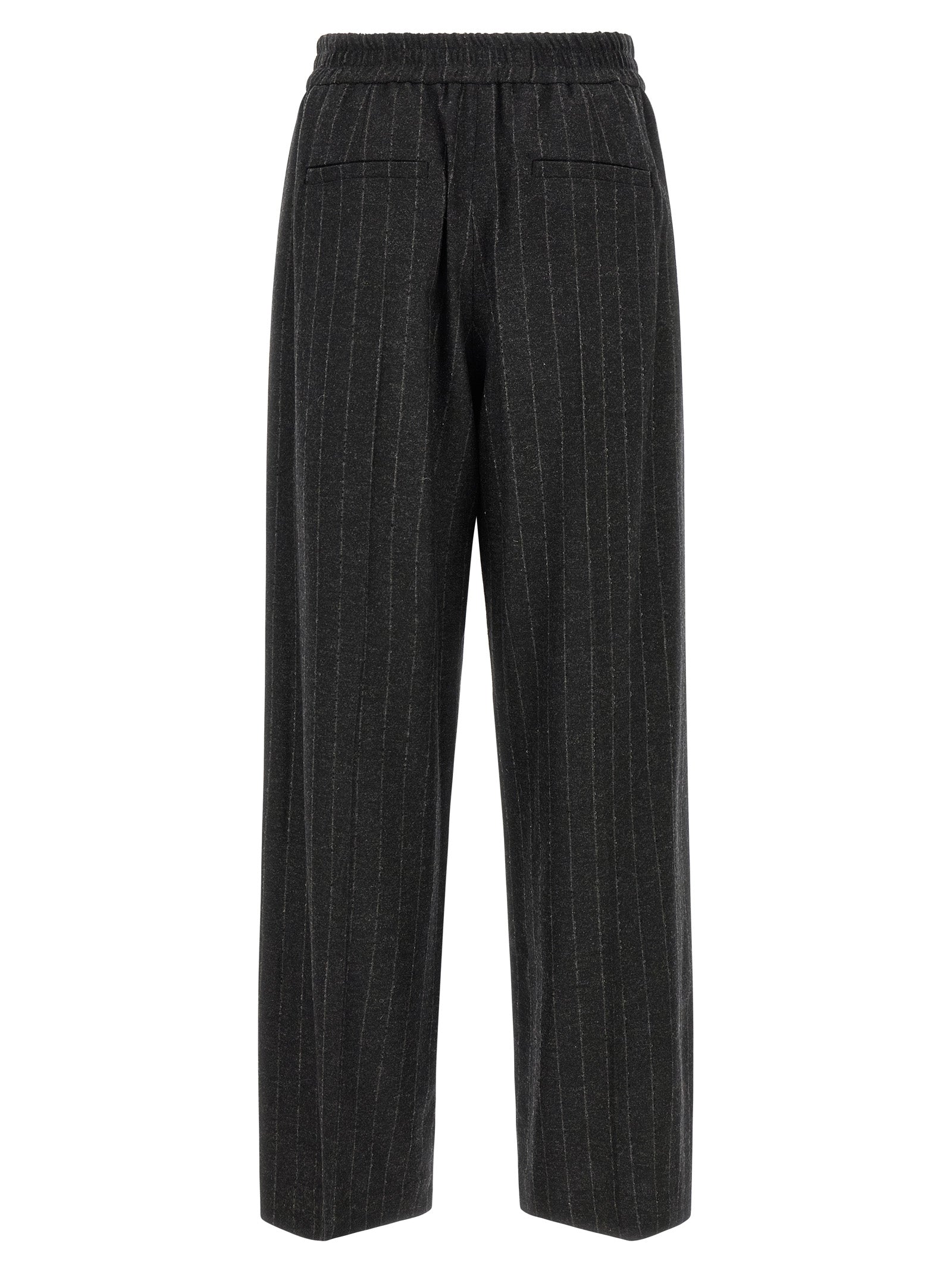 Trousers by Brunello Cucinelli for women in cashmere virgin wool & sequins dark-gray, gray, patterned & pinstripe features an on trend silhouette, showcasing a sophisticated straight-leg, relaxed-fit & wide with a long and for an on trend finish.