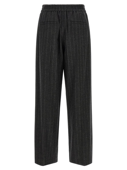 Trousers by Brunello Cucinelli for women in cashmere virgin wool & sequins dark-gray, gray, patterned & pinstripe features an on trend silhouette, showcasing a sophisticated straight-leg, relaxed-fit & wide with a long and for an on trend finish.