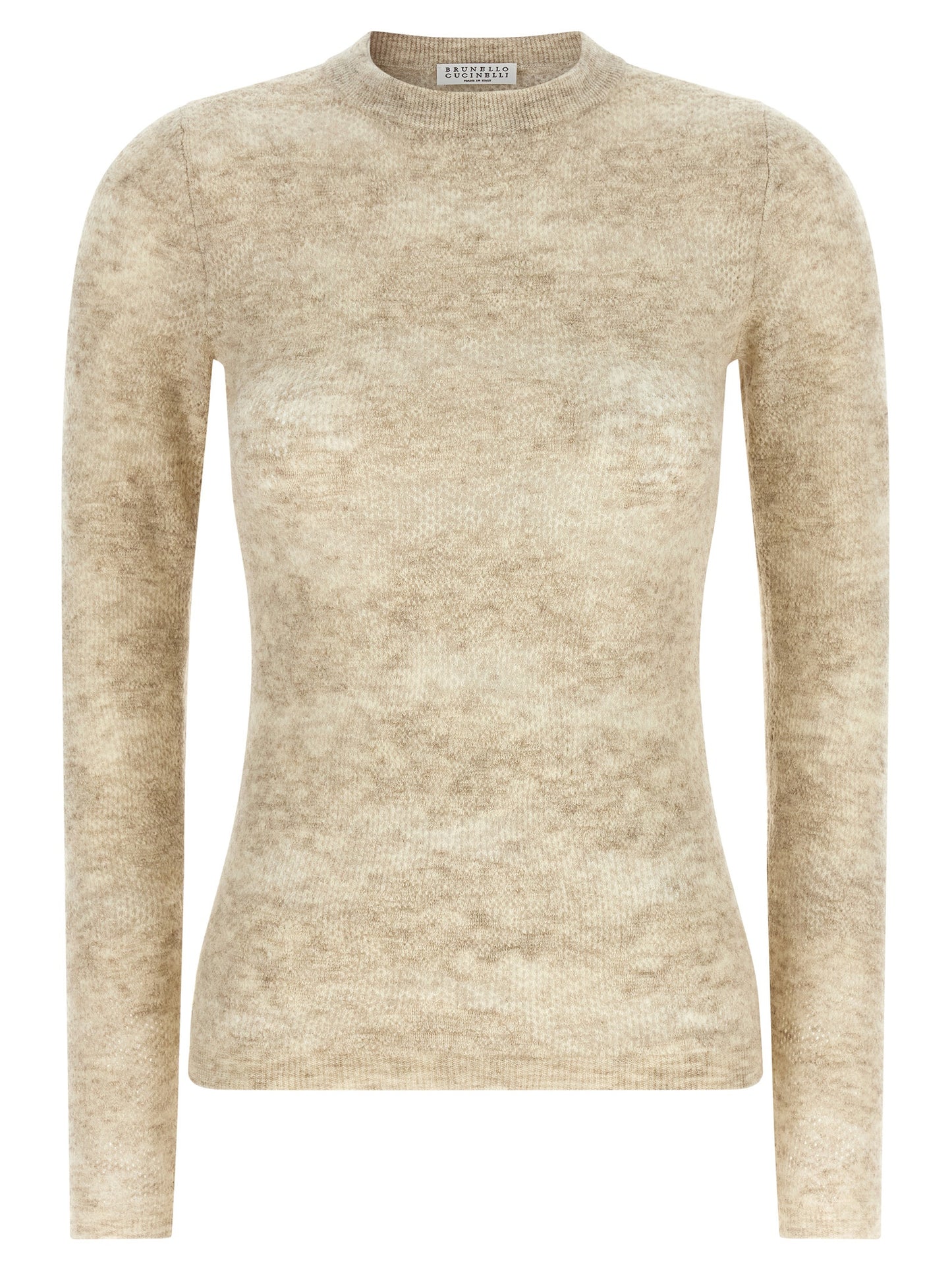 Cardigan by Brunello Cucinelli for women in silk & alpaca wool beige & floral features an crisp silhouette, showcasing a sophisticated round neckline and long-sleeve detail for a truly crisp finish.