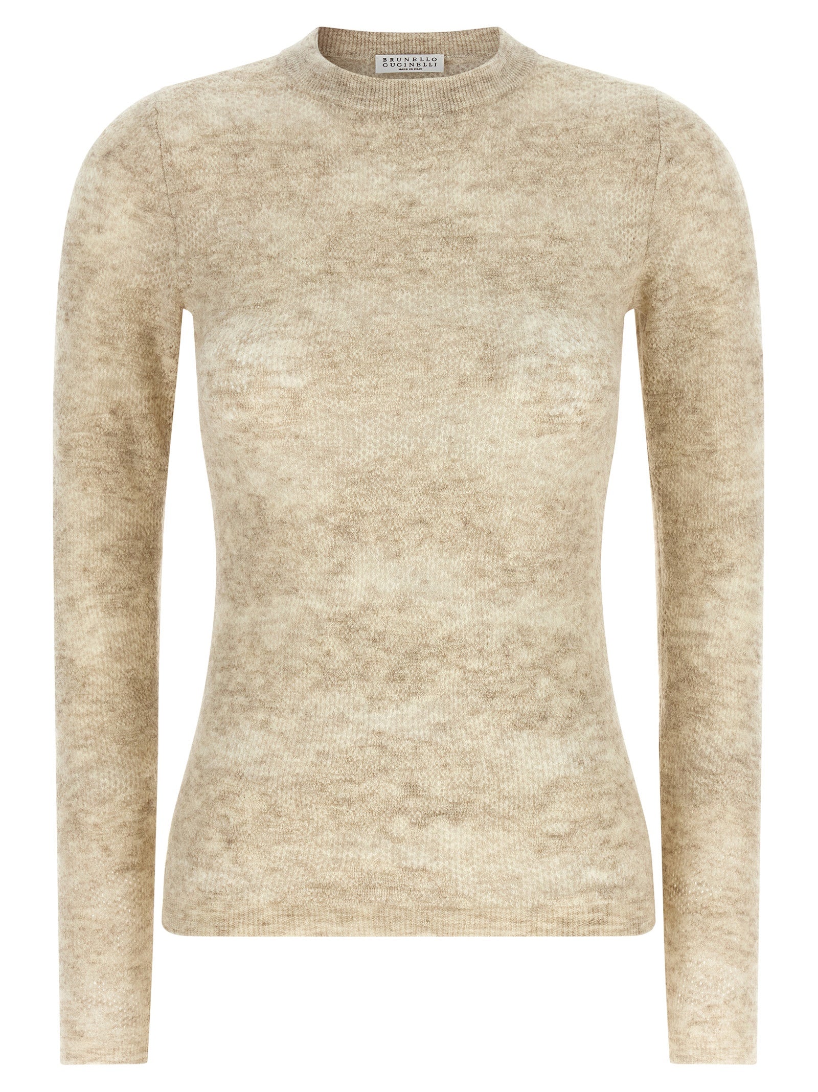 Cardigan by Brunello Cucinelli for women in silk & alpaca wool beige & floral features an crisp silhouette, showcasing a sophisticated round neckline and long-sleeve detail for a truly crisp finish.