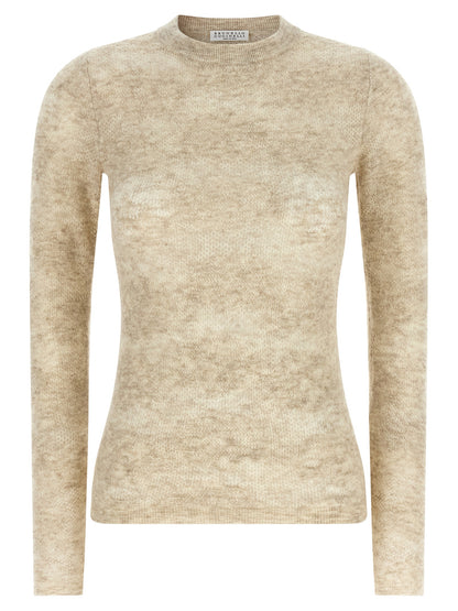 Cardigan by Brunello Cucinelli for women in silk & alpaca wool beige & floral features an crisp silhouette, showcasing a sophisticated round neckline and long-sleeve detail for a truly crisp finish.