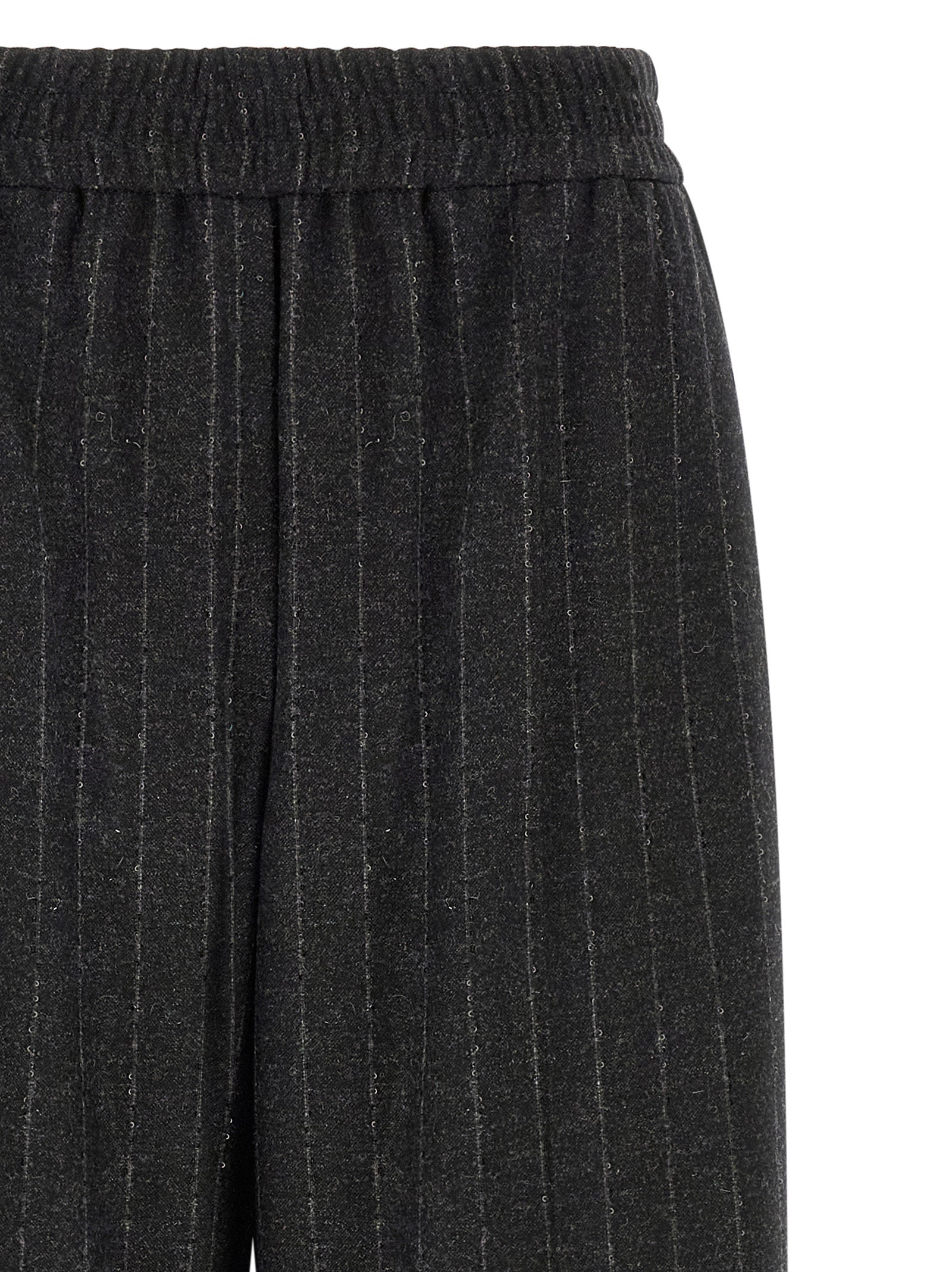 Trousers by Brunello Cucinelli for women in cashmere virgin wool & sequins dark-gray, gray, patterned & pinstripe features a tailored silhouette with a tailored straight-leg, relaxed-fit & wide, defined by its long and a sophisticated .