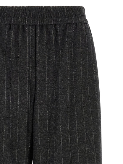 Trousers by Brunello Cucinelli for women in cashmere virgin wool & sequins dark-gray, gray, patterned & pinstripe features a tailored silhouette with a tailored straight-leg, relaxed-fit & wide, defined by its long and a sophisticated .